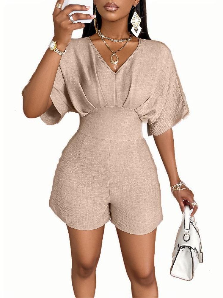 Women's Elegant V-Neck One-Piece Solid Color Casual Shorts